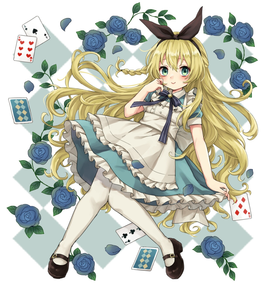 1girl alice_(alice_in_wonderland) alice_in_wonderland blonde_hair blue_dress blue_eyes blue_flower blue_rose bow_hairband dress flower full_body hairband headband highres long_hair looking_at_viewer mary_janes pantyhose pinafore_dress rii_(pixiv11152329) rose shoes solo white_background white_pantyhose