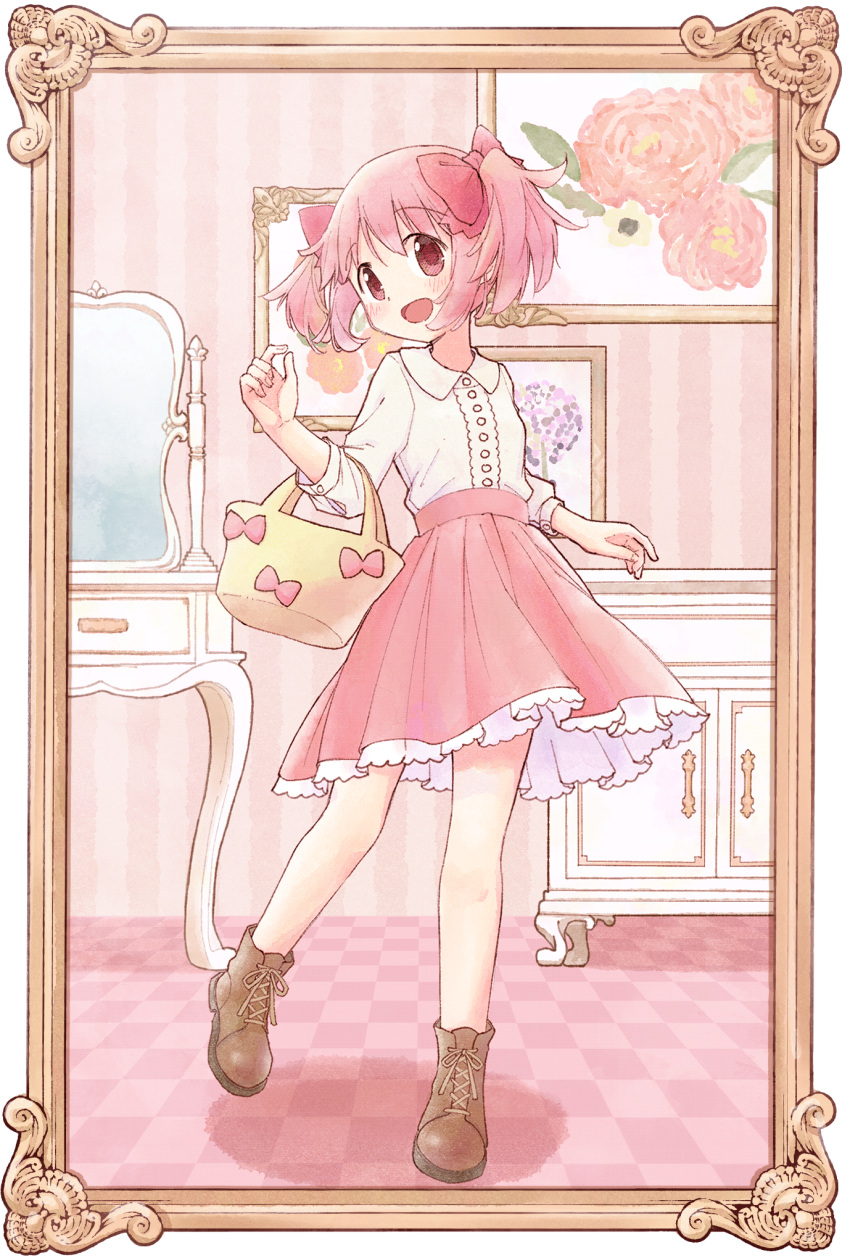 1girl :d alternate_costume argyle arm_at_side bag blush boots bow brown_footwear buttons cabinet center_frills checkered_floor collared_shirt commentary dot_nose flower framed frilled_skirt frills full_body furniture hair_bow highres indoors iso_usagi kaname_madoka light_blush looking_at_viewer mahou_shoujo_madoka_magica mirror open_mouth painting_(object) picture_frame pink_bow pink_flower pink_hair pink_rose pink_skirt pink_theme pleated_skirt red_eyes ribbon rose shirt shirt_tucked_in short_twintails skirt smile solo standing table transparent_border twintails vanity_table wallpaper_(object) white_shirt yellow_bag