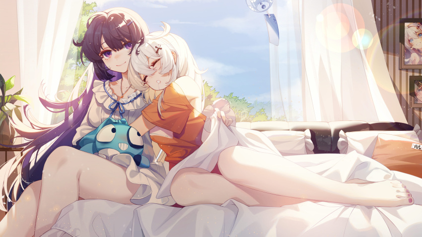 2girls absurdres ai_xiao_meng blue_sky cecilia_schariac character_request closed_eyes closed_mouth clouds cloudy_sky cuddling facing_viewer highres honkai_(series) honkai_impact_3rd kiana_kaslana leaning_on_person long_hair looking_at_another multiple_girls purple_hair raiden_mei sky smile violet_eyes white_hair window yuri