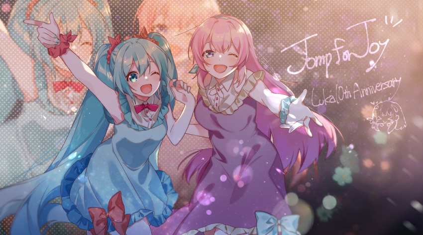 aqua_eyes aqua_hair background_text bangs blush bow bowtie dress hair_ornament hatsune_miku highres looking_at_viewer megurine_luka nail_polish omutatsu one_eye_closed open_mouth outstretched_arm pink_hair smile twintails vocaloid wristband