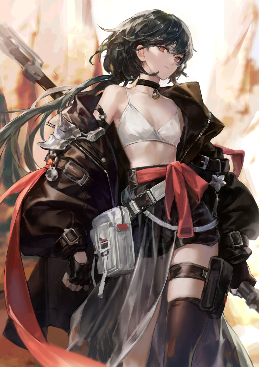 1girl absurdres bangs belt black_gloves black_hair black_jacket black_shorts bra breasts choker closed_mouth eyelashes fingerless_gloves gloves highres holding holding_weapon jacket long_hair navel open_clothes open_jacket original red_eyes shorts simple_background small_breasts solo standing thigh-highs thigh_strap underwear weapon white_bra youngmoon_99