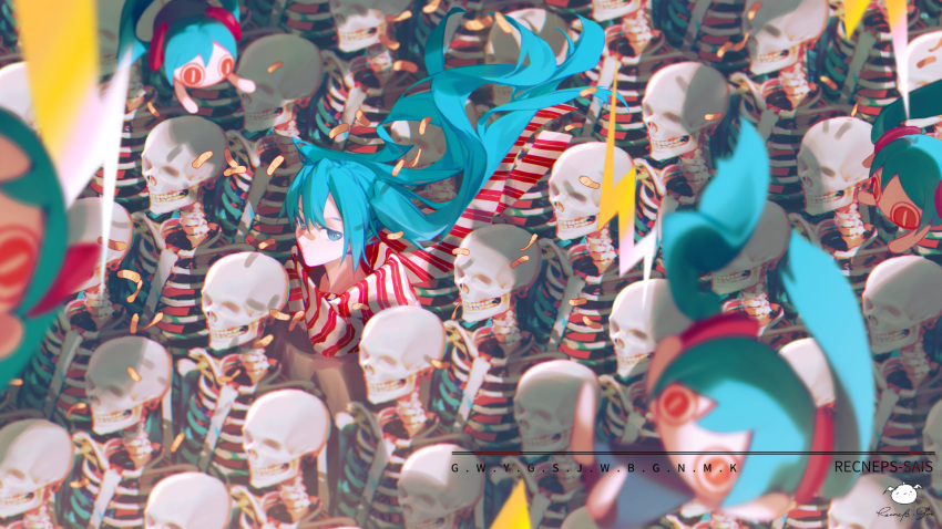 1girl arifureta_sekai_seifuku_(vocaloid) bangs blue_eyes blue_hair blurry blurry_foreground character_doll closed_mouth commentary_request depth_of_field floating_hair hair_between_eyes hatsune_miku highres long_hair looking_at_viewer scarf skeleton spencer_sais striped striped_scarf twintails very_long_hair vocaloid