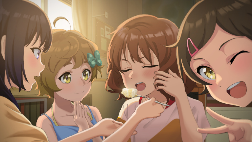 4girls bangs black_hair blonde_hair blush bookshelf brown_eyes brown_hair cake camisole closed_eyes closed_mouth feeding food fork green_eyes hair_ornament hair_ribbon hairclip hand_up hibike!_euphonium highres holding holding_fork indoors katou_hazuki kawashima_sapphire kousaka_reina long_hair looking_at_viewer multiple_girls one_eye_closed open_mouth oumae_kumiko parted_lips pink_shirt raku_rakugaki ribbon shirt short_hair short_sleeves smile spaghetti_strap t-shirt teeth upper_teeth v violet_eyes window