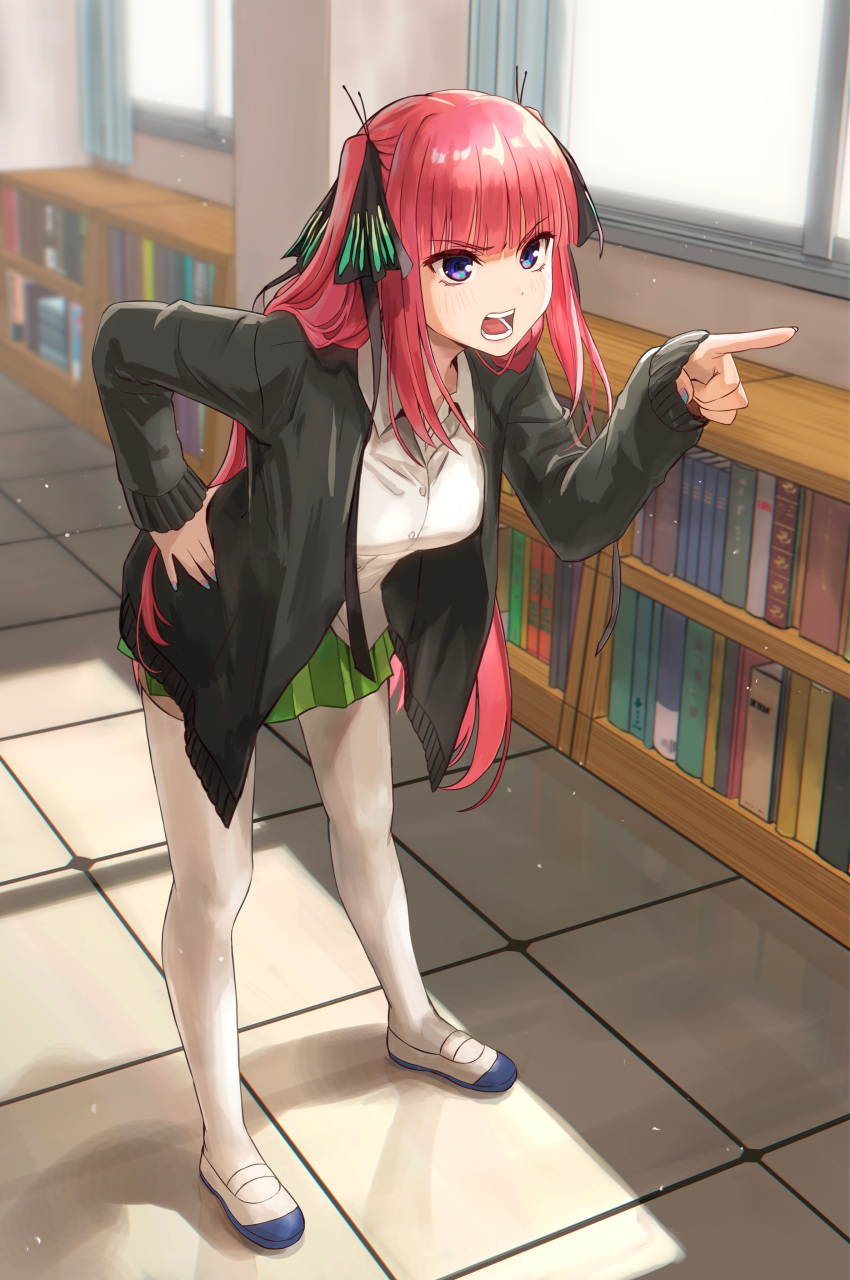 1girl absurdres bangs black_cardigan black_ribbon blue_eyes blunt_bangs blush book bookshelf butterfly_hair_ornament cardigan collared_shirt commentary_request full_body go-toubun_no_hanayome green_skirt hair_ornament hair_ribbon hand_on_hip highres indoors ishiyuki jacket long_hair nakano_nino open_cardigan open_clothes open_jacket open_mouth pink_hair pleated_skirt pointing pointing_to_the_side revision ribbon school_uniform shirt sidelocks skirt solo teeth thigh-highs white_shirt white_thighhighs window