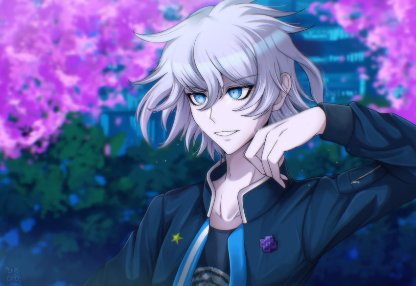 1boy absurdres badge blue_eyes blurry blurry_background button_badge cherry_blossoms hair_between_eyes hand_up highres hira_icigocha jacket kamiya_shun long_sleeves male_focus outdoors pale_skin solo sweat tribe_nine upper_body white_hair zipper