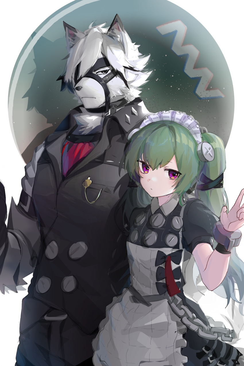 1boy 1girl absurdres animal_ears apron bangs chain corin_wickes cowboy_shot furry furry_male green_hair grey_eyes highres looking_to_the_side maid_apron maid_headdress shabi96522 twintails unamused violet_eyes von_lycaon white_fur white_hair wolf_boy wolf_ears zenless_zone_zero