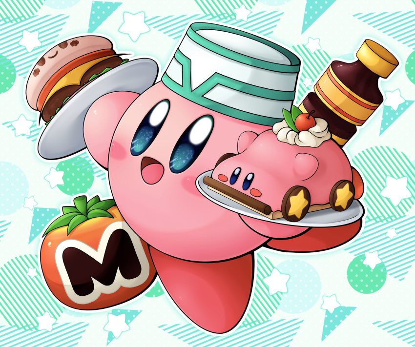 blush_stickers bottle burger cake cherry colored_skin food fruit full_body hat highres holding holding_plate kirby kirby_(series) kirby_and_the_forgotten_land looking_at_viewer maxim_tomato no_humans open_mouth pink_skin plate slys_(jesterdysphoria) smile solo star_(symbol) tongue