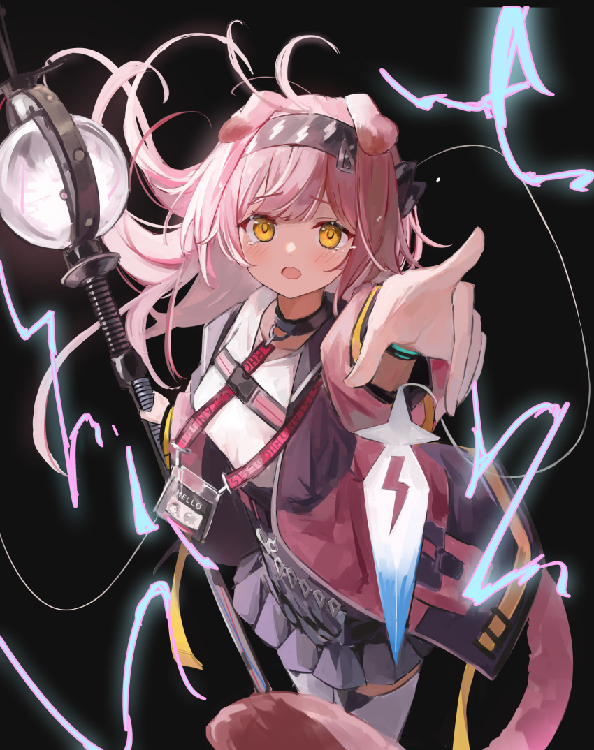 1girl absurdres animal_ears arknights bangs black_background black_hairband black_skirt blush bracelet cat_ears cat_girl cat_tail coat cowboy_shot crying crying_with_eyes_open electricity goldenglow_(arknights) hairband high-waist_skirt highres holding holding_staff id_card infection_monitor_(arknights) jewelry lightning_bolt_print long_hair long_sleeves looking_at_viewer open_clothes open_coat open_mouth orange_eyes outstretched_arm pink_coat pink_hair pointing pointing_at_viewer shiro_wa_(shiroshironix) shirt simple_background skirt solo staff tail tears thigh-highs white_shirt white_thighhighs
