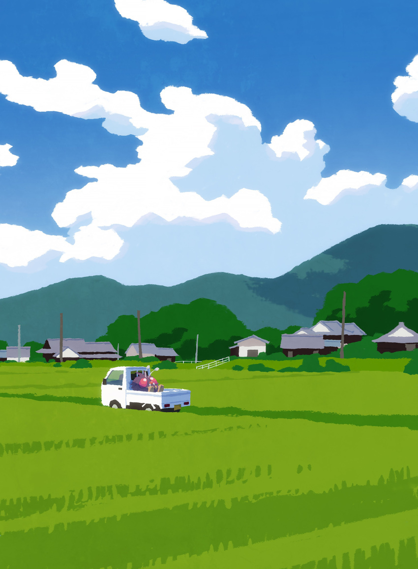 absurdres antennae blue_sky building clouds day grass ground_vehicle highres hyogonosuke motor_vehicle mountain no_humans outdoors pokemon pokemon_(creature) scenery sitting sky solo truck venonat