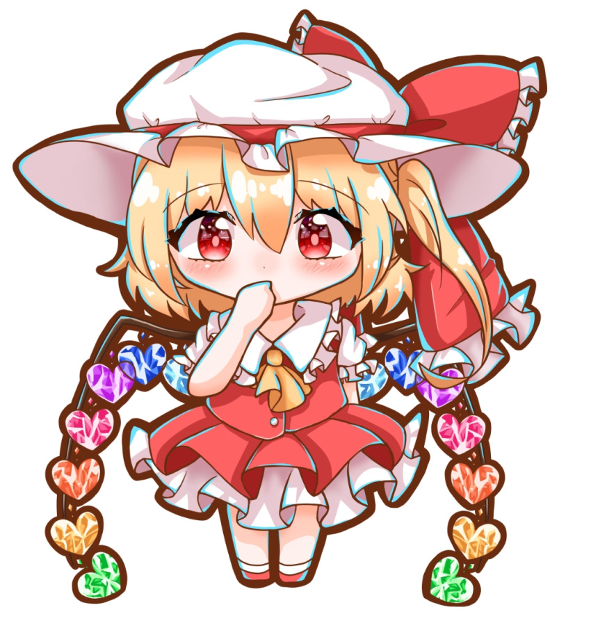 1girl alternate_headwear alternate_wings ascot blonde_hair bow buttons chibi collared_shirt covering_mouth flandre_scarlet frilled_bow frilled_shirt_collar frilled_sleeves frills full_body hair_between_eyes hat hat_bow hat_ribbon heart heart_wings kisaragi_ao looking_at_viewer medium_hair mob_cap multicolored_wings puffy_short_sleeves puffy_sleeves red_bow red_eyes red_footwear red_ribbon red_skirt red_vest ribbon shirt short_sleeves side_ponytail simple_background skirt socks solo standing touhou vest white_background white_headwear white_shirt white_socks wings yellow_ascot