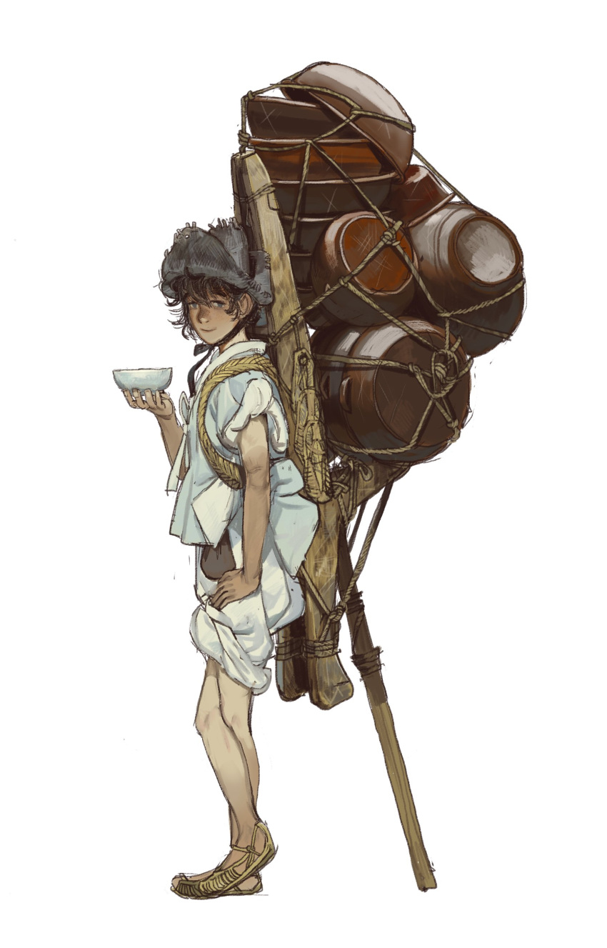 1boy absurdres backpack bag black_hair bowl closed_mouth crossed_legs from_side grey_eyes grey_headwear hat highres holding holding_bowl looking_at_viewer looking_to_the_side male_focus mossacannibalis original sandals smile solo standing tagme