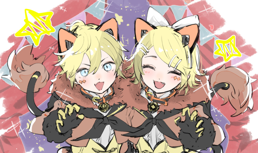 1boy 1girl animal_ears bangs black_gloves black_neckerchief blonde_hair blue_eyes boku_(user_vppr4885) bow claw_pose closed_eyes collar curtains eyebrows_hidden_by_hair facial_mark facing_viewer fang fur-trimmed_sleeves fur_collar fur_trim gloves hair_between_eyes hair_bow kagamine_len kagamine_rin leaning_forward lion_boy lion_ears lion_girl lion_tail looking_at_viewer magical_mirai_(vocaloid) magical_mirai_len magical_mirai_len_(2019) magical_mirai_rin magical_mirai_rin_(2019) mechanical_ears neckerchief open_mouth parted_bangs short_hair star_(symbol) string_of_flags tail two-tone_gloves upper_body vocaloid white_bow yellow_gloves