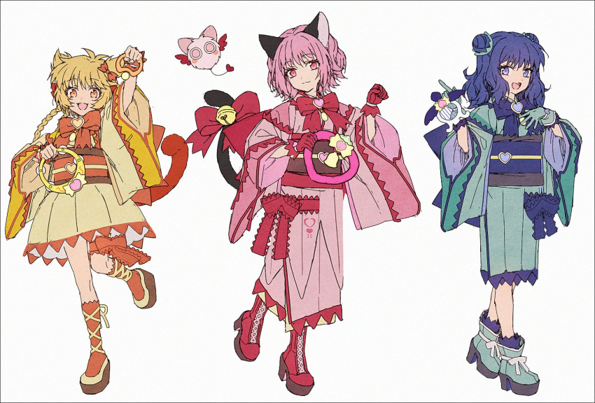 3girls adapted_costume aizawa_mint animal_ears bell blonde_hair blue_bow blue_eyes blue_gloves blue_hair boots bow braid cat_ears cat_tail cross-laced_footwear double_bun fong_pudding gloves hair_bun hakusai_(tiahszld) highres holding holding_weapon japanese_clothes jingle_bell kimono lace-up_boots masha_(tokyo_mew_mew) medium_hair mew_ichigo mew_mint mew_pudding momomiya_ichigo monkey_ears monkey_girl monkey_tail multiple_girls obi orange_bow pink_bow pink_eyes pink_hair red_gloves sash short_hair tail tail_bell tail_bow tail_ornament tokyo_mew_mew weapon yellow_eyes