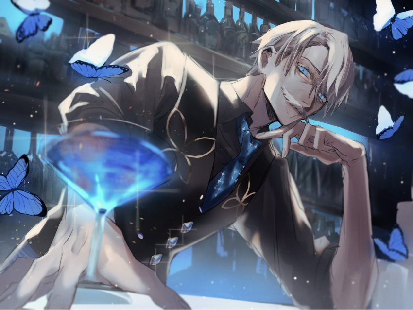 1boy bangs bar bartender black_vest blue_butterfly blue_eyes blue_necktie bottle bug butterfly buttons cocktail cocktail_glass collared_shirt cup diamond_button drinking_glass facial_hair fate/grand_order fate_(series) grey_hair grey_shirt head_rest highres incoming_drink james_moriarty_(fate) james_moriarty_(gray_collar)_(fate) looking_at_viewer male_focus mature_male mustache necktie old old_man ou_syoku7 parted_bangs shirt short_hair smile solo sparkle sparkle_print upper_body vest
