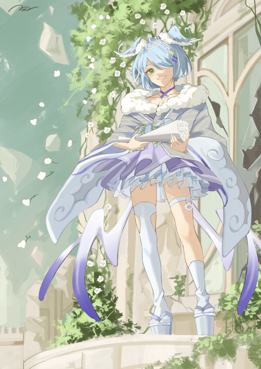 1girl aqua_eyes asymmetrical_legwear blue_hair bob_cut bouquet collarbone elira_pendora flower full_body fur_trim head_wings high_heels highres japanese_clothes jewelry key_necklace kimono low_wings necklace nijisanji nijisanji_en official_alternate_costume p9_nai short_hair single_thighhigh skirt solo thigh-highs tiara virtual_youtuber wings