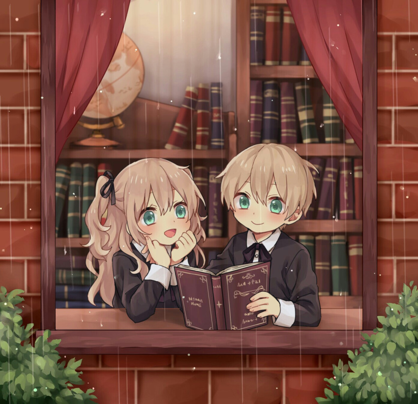 1boy 1girl aqua_eyes blonde_hair book globe hair_ribbon half_updo highres holding holding_book library long_hair matching_outfit original rain reading ribbon rii_(pixiv11152329) short_hair siblings side_ponytail twins window