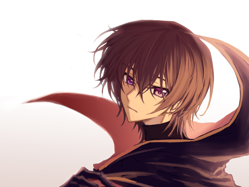 1boy bangs black_cape black_gloves black_hair cape code_geass expressionless gloves hair_between_eyes high_collar highres lelouch_lamperouge looking_at_viewer male_focus okuseric portrait simple_background solo turtleneck violet_eyes white_background
