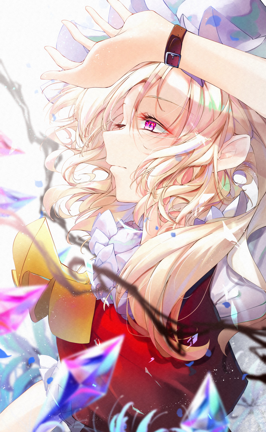 1girl absurdres ascot blonde_hair calpis118 closed_mouth crystal flandre_scarlet from_side hat highres looking_up mob_cap multicolored_wings one_eye_closed puffy_short_sleeves puffy_sleeves red_vest shirt short_sleeves solo touhou vest violet_eyes white_headwear white_shirt wings yellow_ascot