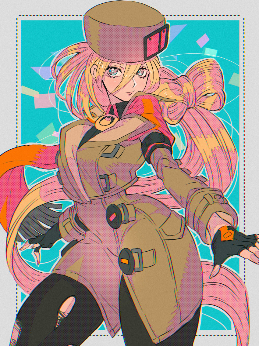 1girl absurdres bangs blonde_hair coat fur_hat gloves guilty_gear guilty_gear_strive hair_between_eyes hat highres leggings long_hair looking_at_viewer millia_rage pantyhose pink_lips pink_nails torn_clothes torn_legwear ushanka very_long_hair yohane_shimizu