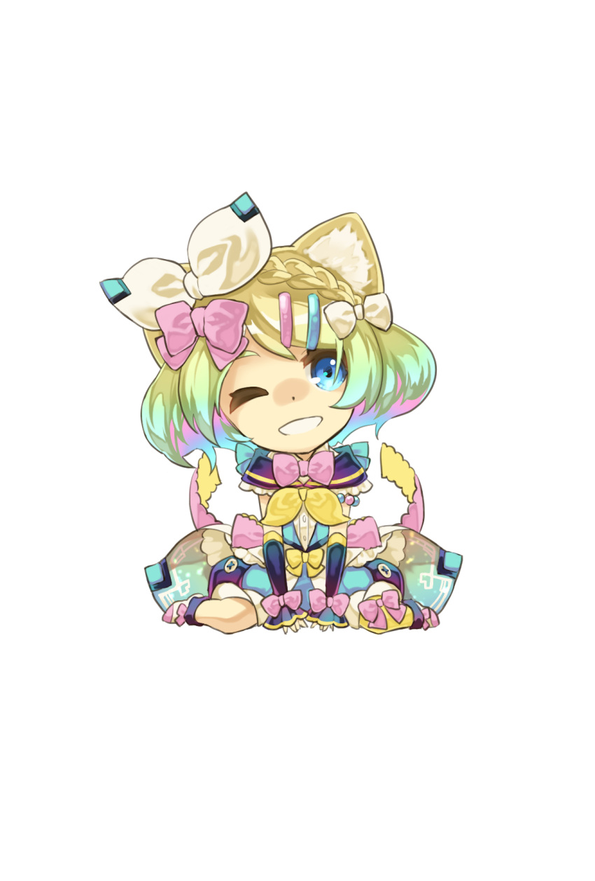1girl animal_ears arm_support azuma_kazamori black_sleeves blonde_hair blue_bow blue_hair bow braid cat_ears cat_girl chibi colored_inner_hair detached_sleeves grin hair_bow head_tilt highres kagamine_rin kemonomimi_mode looking_at_viewer magical_mirai_(vocaloid) magical_mirai_rin_(2018) multicolored_hair on_ground one_eye_closed pink_bow simple_background sitting sleeves_past_wrists smile solo vocaloid wariza white_background white_bow yellow_bow