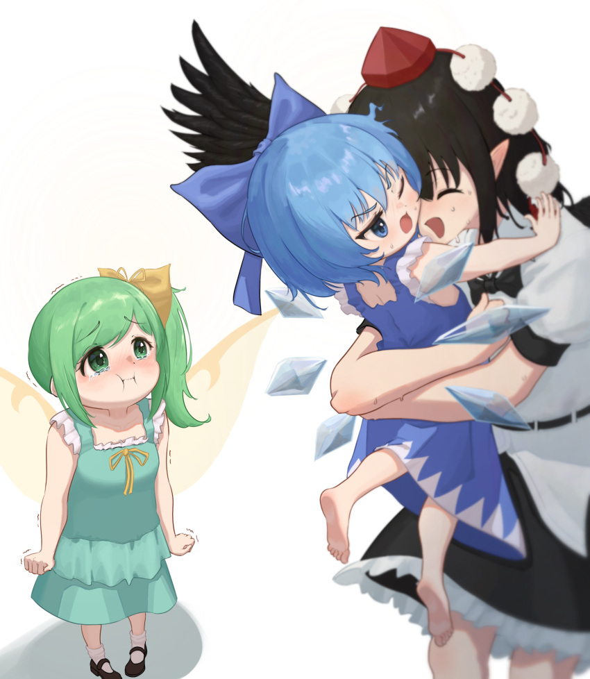 3girls absurdres aqua_dress barefoot bird_wings black_footwear black_hair black_skirt black_wings blue_bow blue_dress blue_eyes blue_hair blush bow cirno closed_mouth collared_shirt daiyousei detached_wings dress esthoric fairy fairy_wings feathered_wings frilled_skirt frills green_eyes green_hair hair_between_eyes hair_bow hat highres ice ice_wings jealous long_hair multiple_girls open_mouth pointy_ears pom_pom_(clothes) red_headwear shameimaru_aya shirt shoes short_hair short_sleeves side_ponytail simple_background skirt socks tokin_hat touhou white_background white_shirt white_socks wings
