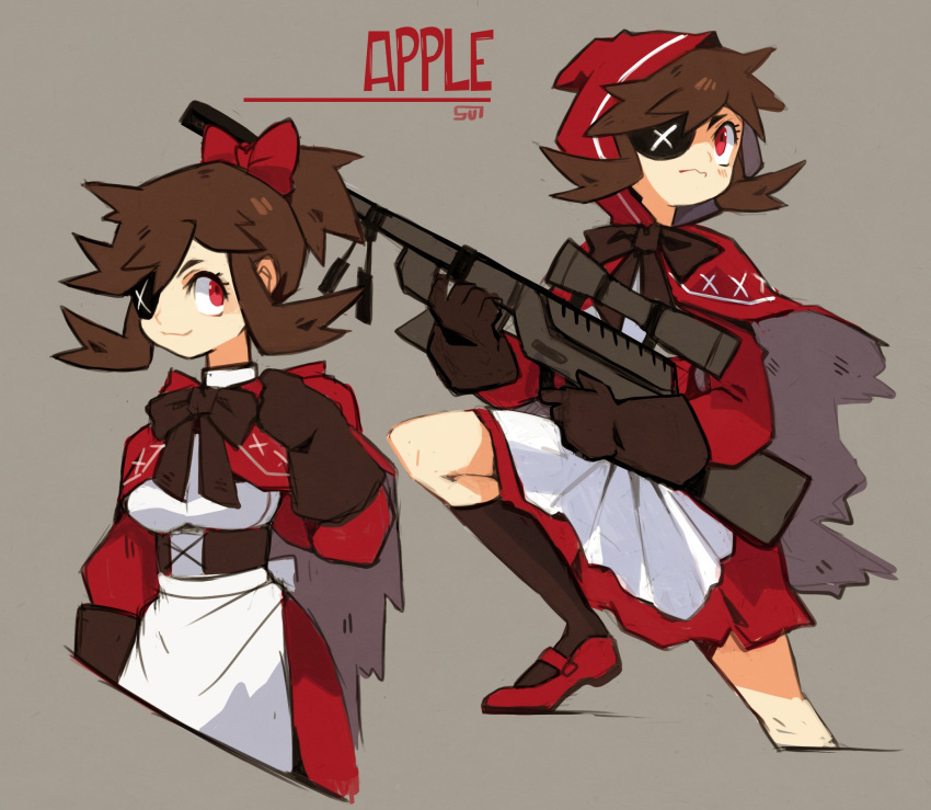 1girl apple_(sui_(suizilla)) apron bow bowtie brown_bow brown_bowtie brown_gloves brown_hair brown_socks cape character_name closed_mouth dress eyepatch gloves grey_background gun hair_bow highres holding holding_gun holding_weapon hood hood_down hooded_cape humanization long_sleeves looking_at_viewer multiple_views one_eye_covered original ponytail red_bow red_cape red_dress red_eyes red_footwear rifle shoes short_hair signature simple_background smile sniper_rifle socks sui_(suizilla) waist_apron weapon white_apron