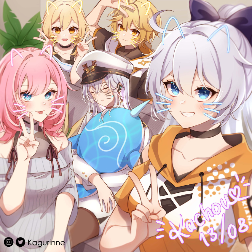 1boy 4girls :d absurdres aether_(genshin_impact) artist_name bangs bare_shoulders blonde_hair blue_eyes bow brown_pantyhose captain_(honkai_impact) closed_mouth company_connection double_v elysia_(honkai_impact) genshin_impact grey_sweater grin hair_bow hat highres honkai_(series) honkai_impact_3rd hood hoodie indoors jacket kagurinne kiana_kaslana long_hair looking_at_viewer lumine_(genshin_impact) mihoyo military military_hat military_uniform multiple_girls off-shoulder_sweater off_shoulder pantyhose pink_hair ponytail selfie skirt smile sweater teeth tongue tongue_out uniform v white_hair white_hoodie white_jacket white_skirt yellow_eyes