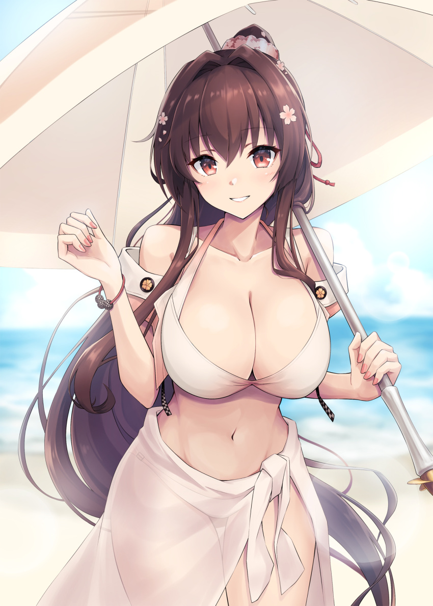 1girl beach beach_umbrella bikini blue_sky breasts brown_eyes brown_hair cleavage collarbone day duplicate flower grin hair_flower hair_intakes hair_ornament highres kantai_collection kodama_(mmt_uf) large_breasts long_hair looking_at_viewer navel ocean official_alternate_costume outdoors pixel-perfect_duplicate ponytail sarong sidelocks sky smile solo stomach swimsuit thighs umbrella white_bikini yamato_(kancolle) yamato_kai_ni_(kancolle)