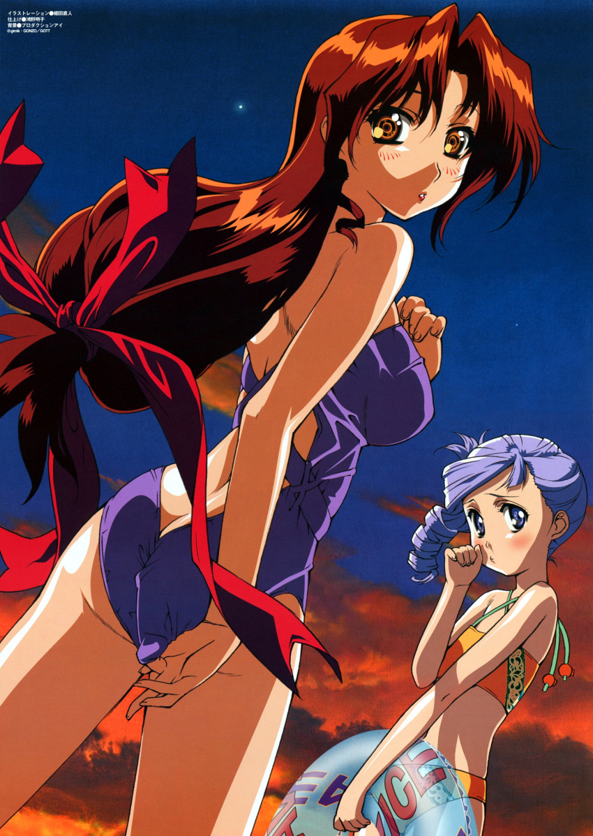 adjusting_swimsuit ass back bikini blush breasts brown_hair butt_crack casual_one-piece_swimsuit cloud drill_hair dutch_angle eclair embarrassed flat_chest from_behind hair_ribbon highres hosoda_naoto innertube kiddy_grade large_breasts lipstick long_hair looking_back lumiere multiple_girls night night_sky official_art one-piece_swimsuit outdoors ponytail pout purple_eyes purple_hair ribbon sky sunset swimsuit swimsuit tankini yellow_eyes