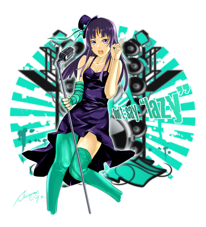 2009 akiyama_mio don't_say_"lazy" dress fingerless_gloves gloves hat highres k-on! long_hair loose_thighhigh microphone microphone_stand mini_top_hat nail_polish pointing purple_eyes purple_hair signature singing solo sunway thigh_gap thighhighs top_hat