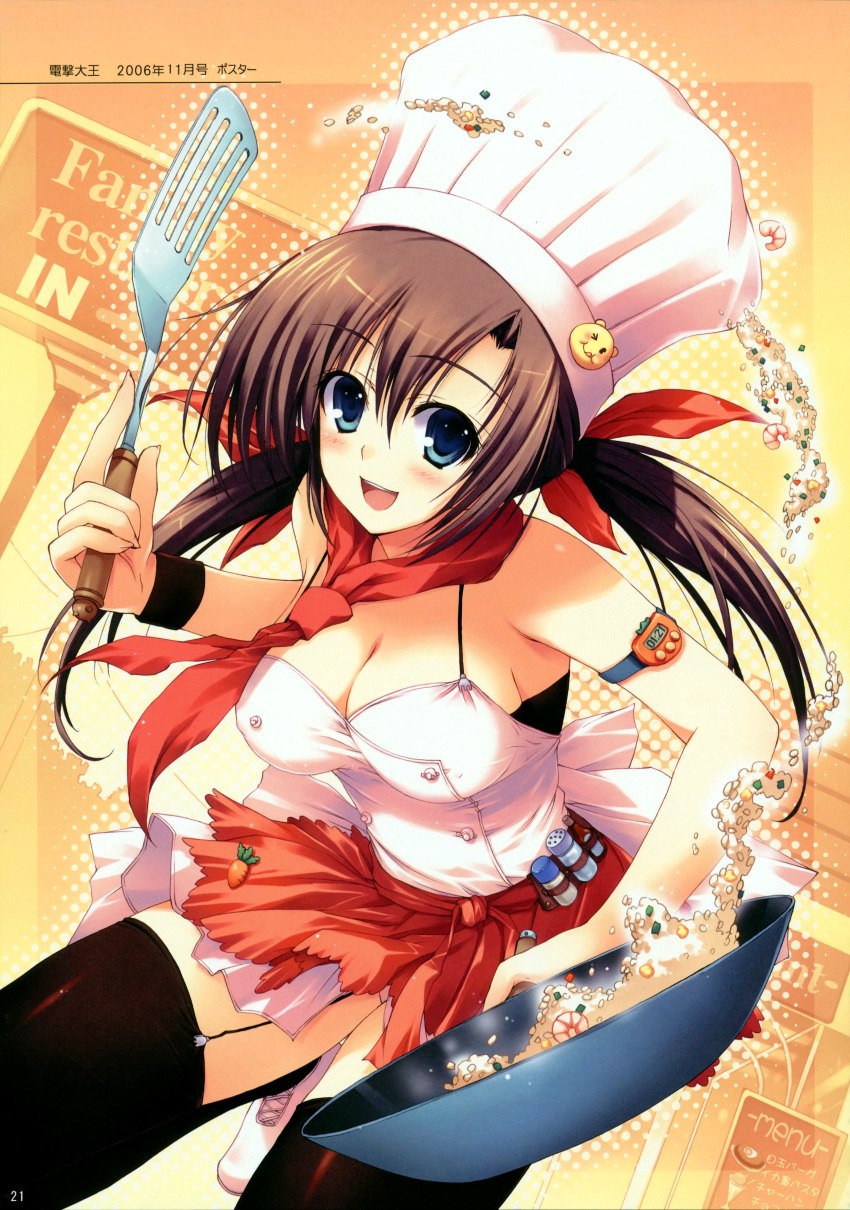 1girl blue_eyes blush breasts brown_hair cleavage food hat large_breasts long_hair mugenkidou open_mouth smile solo stockings thighhighs tomose_shunsaku twintails wristband