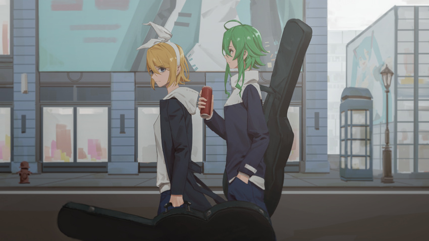 2girls ahoge aqua_eyes aqua_hair aqua_necktie billboard black_sleeves blonde_hair blue_eyes blue_jacket blue_pants bow can carrying casual city commentary cowboy_shot detached_sleeves expressionless fire_hydrant from_side green_eyes green_hair guitar_case gumi hair_bow hand_in_pocket hatsune_miku highres holding holding_can holding_case hood hoodie instrument_case jacket kagamine_rin lamppost looking_at_viewer looking_to_the_side medium_hair multiple_girls necktie outdoors pants phone_booth road shirt short_hair standing street twintails vocaloid walking white_bow white_hoodie white_shirt wounds404