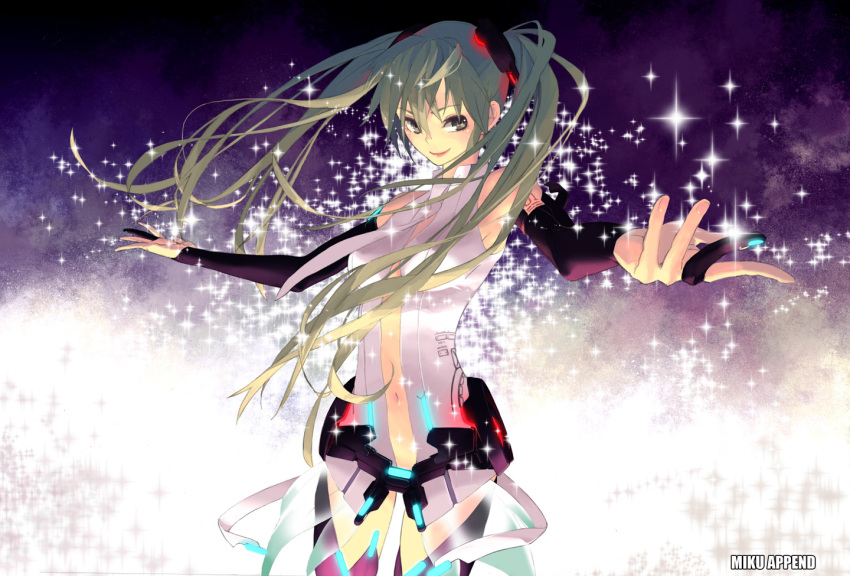 1girl aqua_eyes aqua_hair belt bridal_gauntlets bridal_gloves elbow_gloves fingerless_gloves gloves green_eyes green_hair hatsune_miku hatsune_miku_(append) long_hair midriff miku_append navel necktie outstretched_arm rozer smile solo sparkle sparkles tattoo thighhighs twintails vocaloid vocaloid_append zettai_ryouiki