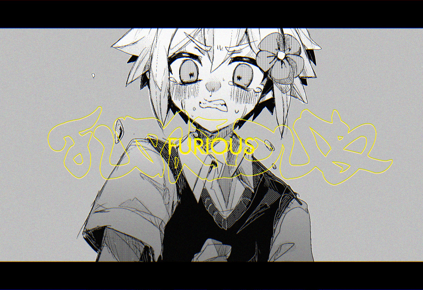 1boy angry basil_(omori) collared_shirt crying crying_with_eyes_open fjsk flower greyscale hair_flower hair_ornament highres letterboxed looking_at_viewer monochrome omori parted_lips shirt short_sleeves solo spot_color sweater_vest tears teeth upper_body