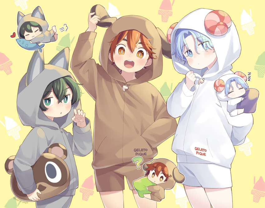 3boys :d aged_down animal_hood blue_eyes blue_hair cat_hood chibi child dog_hood green_eyes green_hair hasegawa_langa highres hood hood_up hoodie kyan_reki male_child male_focus miya_(sk8) multiple_boys redhead sheep_hood shorts sk8_the_infinity smile uppi yellow_eyes