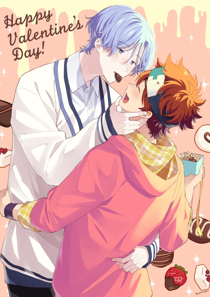 2boys blue_eyes blue_hair candy chocolate closed_eyes food food_in_mouth fruit hasegawa_langa headband heart heart-shaped_chocolate highres hood hoodie kyan_reki long_sleeves male_focus messy_hair multiple_boys open_mouth pink_hoodie pink_shirt redhead shirt short_hair sk8_the_infinity strawberry uppi valentine white_shirt