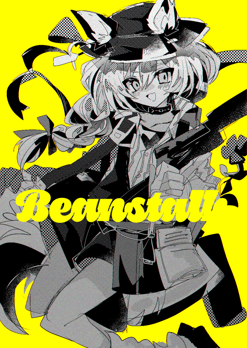 1girl animal_ears arknights beanstalk_(arknights) braid character_name collarbone fang fjsk greyscale_with_colored_background hair_ribbon highres long_hair looking_at_viewer ribbon simple_background skin_fang solo yellow_background