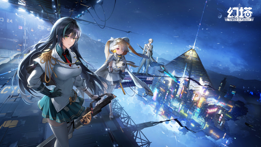 1boy 2girls aiguillette artist_request black_hair breasts cape city_lights cityscape dress epaulettes eyepatch gloves green_eyes green_skirt hand_on_hip highres holding holding_polearm holding_weapon hood huge_weapon large_breasts lin_(tower_of_fantasy) long_hair looking_at_viewer miniskirt multicolored_hair multiple_girls night official_art outdoors pleated_skirt polearm pyramid red_eyes ruby_(tower_of_fantasy) shirt short_hair single_glove skirt standing streaked_hair thigh-highs tian_lang_(tower_of_fantasy) tower_of_fantasy weapon white_dress white_hair white_shirt white_thighhighs zettai_ryouiki