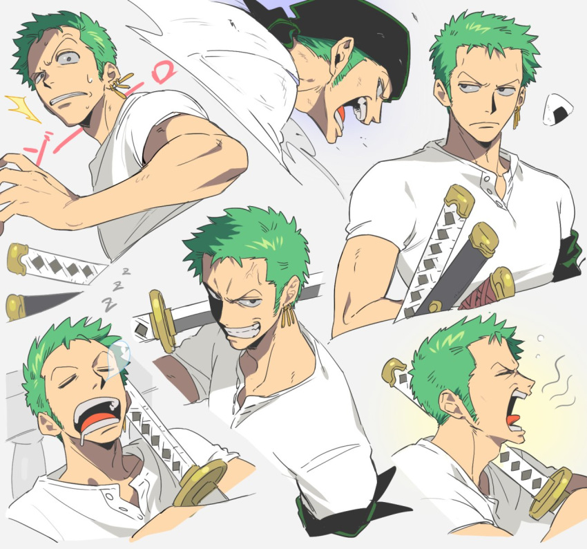 1boy bandana black_bandana earrings expressions food green_hair grin hand_up highres jewelry male_focus multiple_views nose_bubble one_piece onigiri open_mouth qin_(7833198) roronoa_zoro scowl shirt short_hair short_sleeves simple_background sleeping smile surprised sword weapon white_shirt yawning zzz