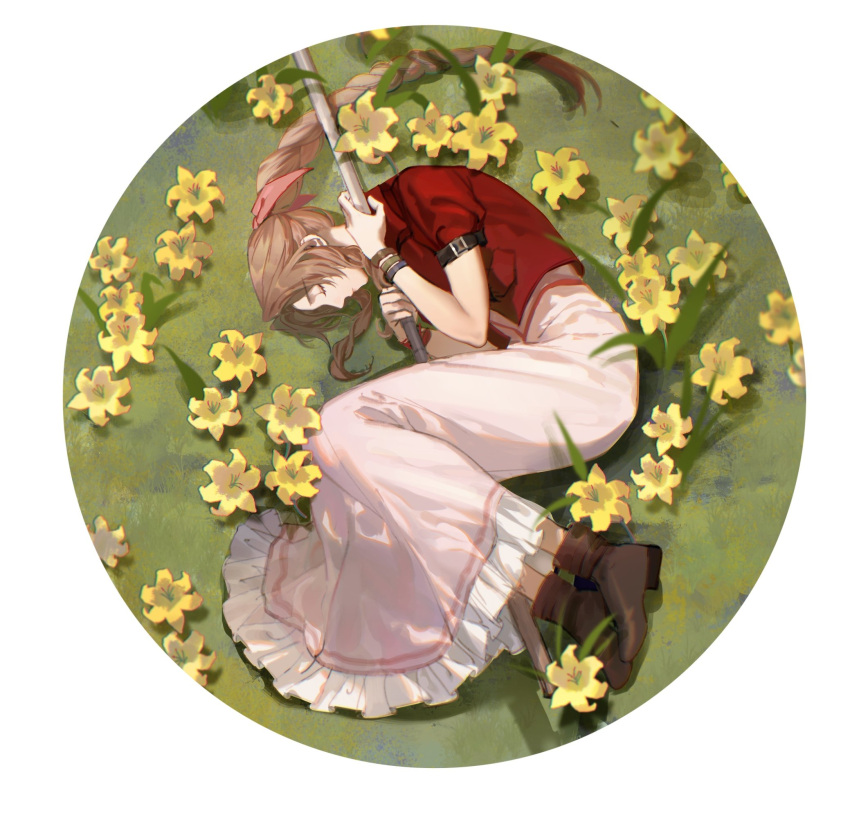1girl aerith_gainsborough bangle boots bracelet braid braided_ponytail brown_footwear brown_hair closed_eyes cropped_jacket dress field final_fantasy final_fantasy_vii final_fantasy_vii_remake flower flower_field full_body hair_ribbon highres holding holding_staff jacket jewelry long_dress long_hair lying on_side outdoors pink_dress pink_ribbon red_jacket ribbon short_sleeves sidelocks sleeping solo staff xianyu314 yellow_flower
