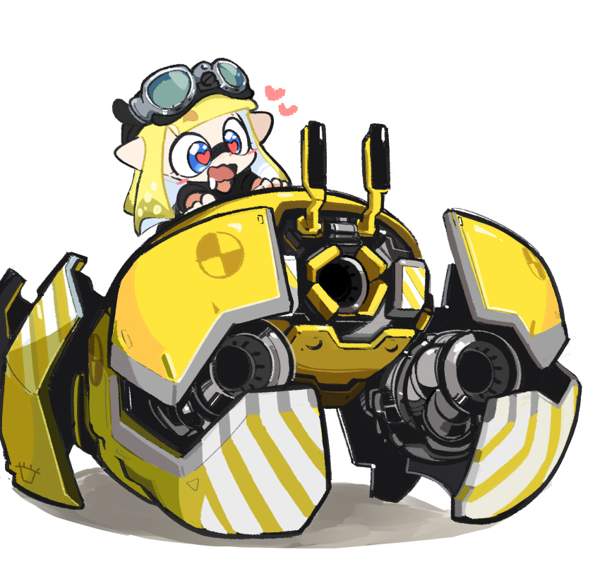 1girl black_shirt blonde_hair blue_eyes blush_stickers crab crab_tank_(splatoon) drooling goggles goggles_on_head heart heart-shaped_pupils highres inkling inkling_girl kim_crab long_hair open_mouth pointy_ears riding robot saliva shadow shirt short_sleeves simple_background splatoon_(series) splatoon_3 symbol-shaped_pupils tentacle_hair wavy_mouth white_background