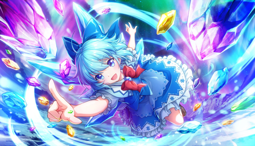 1girl adapted_costume artist_request blue_bow blue_eyes blue_hair blue_skirt blue_vest blush bow brown_footwear cirno fairy frilled_skirt frilled_sleeves frills hair_between_eyes hair_bow highres ice ice_wings official_art open_mouth shirt shoes short_hair short_sleeves skirt smile solo touhou touhou_danmaku_kagura vest white_shirt wings