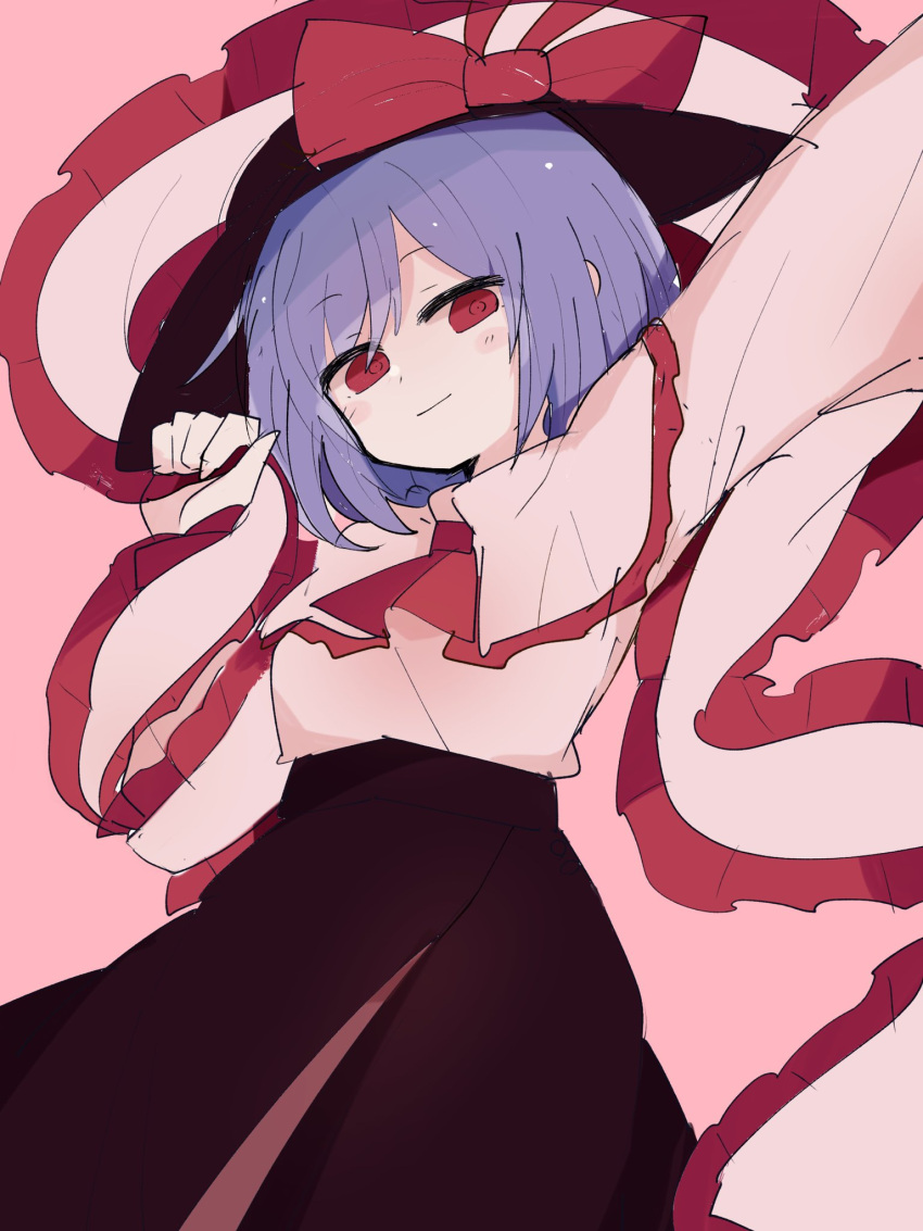 1girl 76gpo black_headwear black_skirt blue_hair blush capelet closed_mouth hagoromo hat hat_ribbon highres long_sleeves nagae_iku one-hour_drawing_challenge red_eyes red_ribbon ribbon shawl shirt short_hair skirt solo touhou white_capelet white_shirt