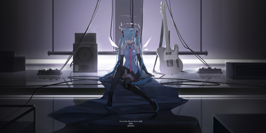 1girl absurdres android artist_name bangs bare_shoulders black_footwear black_gloves black_skirt blue_hair boots cable character_name closed_eyes closed_mouth collared_shirt dated elbow_gloves electric_guitar full_body gloves grey_shirt guitar halo hatsune_miku highres indoors instrument joints long_hair monochrome necktie orga_(orgacl) pink_necktie reflective_floor robot_joints shirt sitting skirt solo speaker stage thigh_boots twintails very_long_hair vocaloid