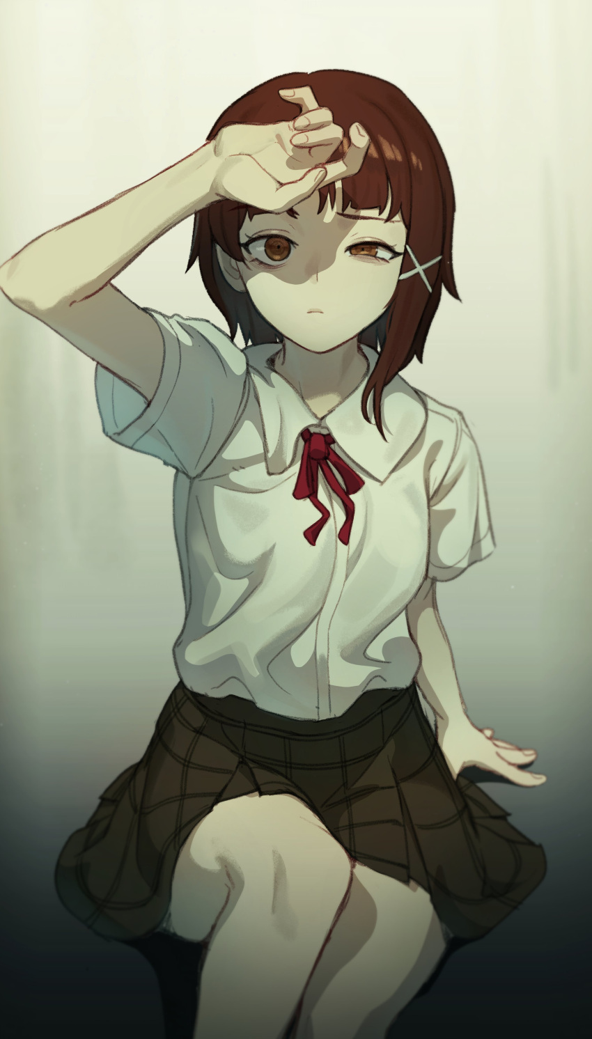 1girl absurdres asymmetrical_bangs asymmetrical_hair bad_link bangs brown_eyes brown_hair closed_mouth constricted_pupils hair_ornament hand_over_eye highres iwakura_lain neck_ribbon red_ribbon ribbon school_uniform serial_experiments_lain shirt short_hair skirt stoll_(tmxhf) uneven_eyes white_shirt x_hair_ornament