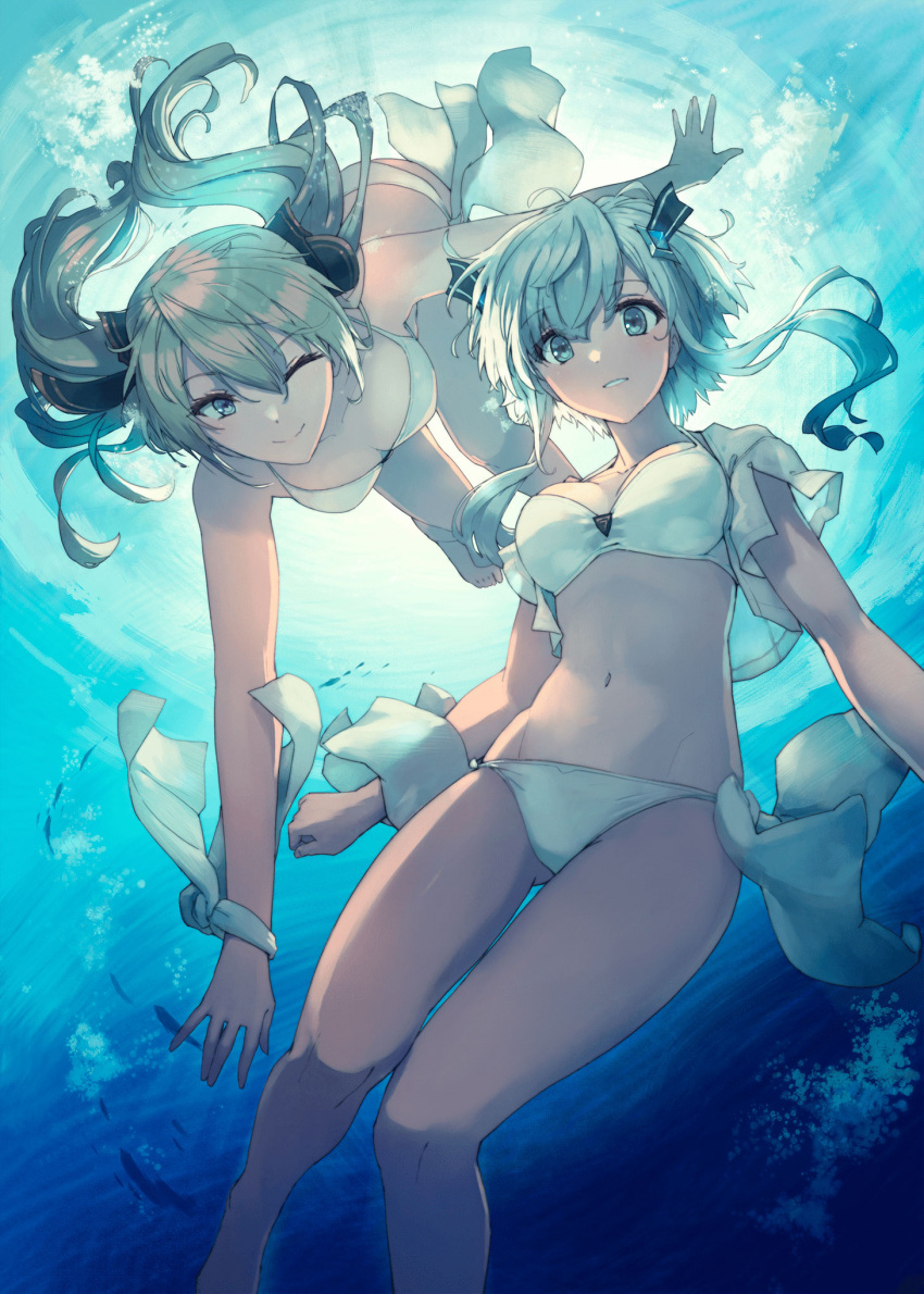 2girls ahoge air_bubble aqua_eyes aqua_hair bangs bare_legs bare_shoulders barefoot bikini blush breasts bubble clenched_hand closed_mouth collarbone dot_nose eyelashes fish floating floating_hair hair_between_eyes hair_ornament hair_ribbon hatsune_miku highres hip_bones long_hair looking_at_viewer medium_breasts multiple_girls navel non-web_source one_eye_closed open_hands ribbon shawl short_hair side-tie_bikini_bottom sidelocks smile sunlight swimming swimsuit teeth twintails underwater vocaloid water wrist_ribbon