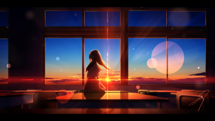 1girl absurdres classroom commentary_request desk from_side highres indoors letterboxed nengoro original scenery school_desk school_uniform serafuku short_sleeves signature sky solo sunset