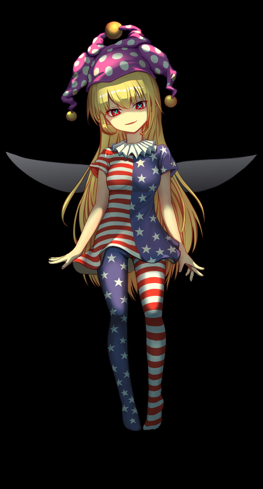 1girl absurdres american_flag_dress american_flag_legwear black_background blonde_hair clownpiece crazy_smile dress fairy fairy_wings full_body hair_between_eyes hat highres jester_cap long_hair open_mouth pantyhose pink_headwear polka_dot polka_dot_headwear red_eyes shaded_face short_sleeves simple_background solo star_(symbol) star_print striped striped_dress striped_pantyhose touhou wings wuming_zhiyao