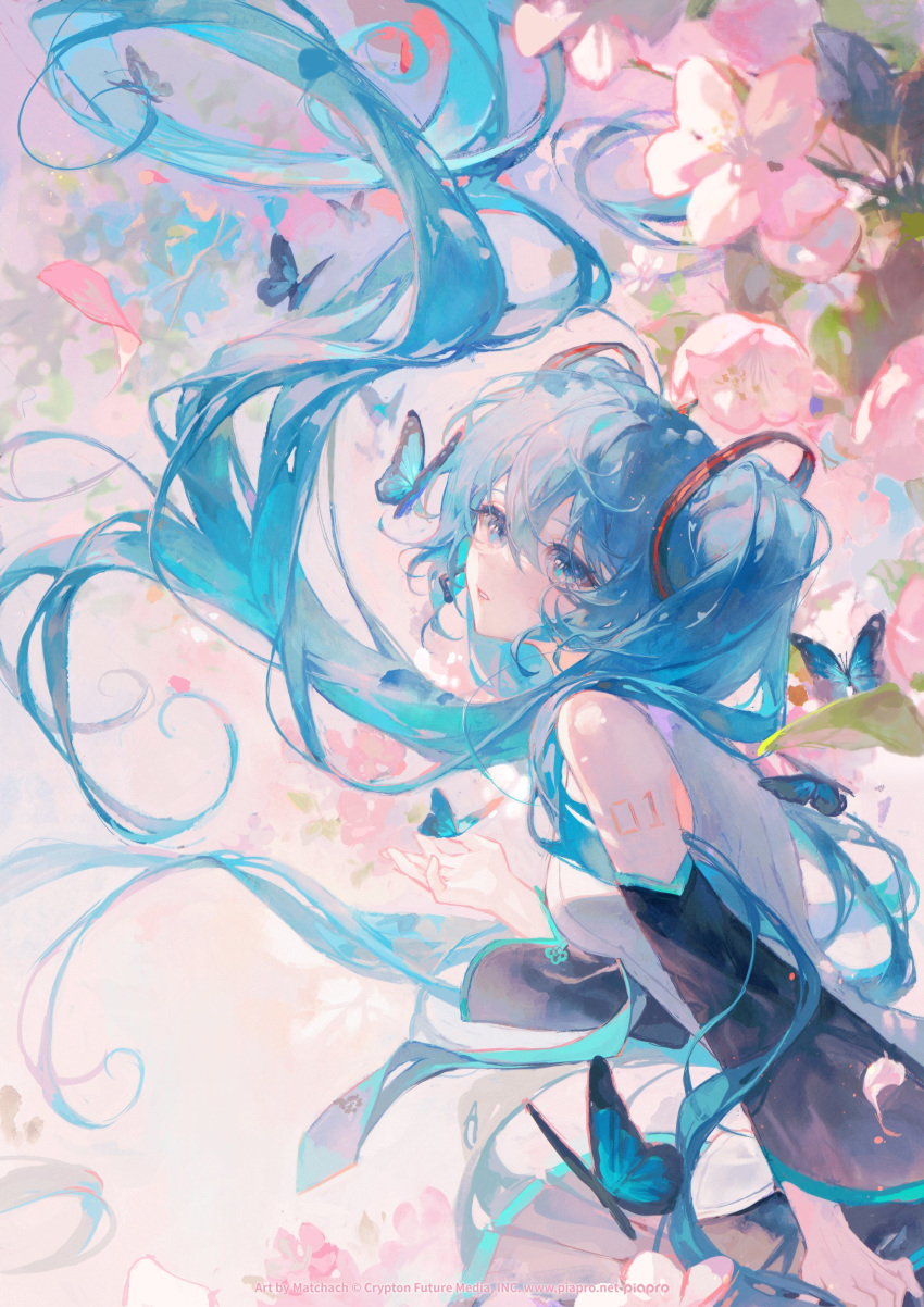 1girl absurdres bangs black_skirt black_sleeves blue_butterfly blue_eyes blue_hair bug butterfly detached_sleeves floral_background flower hatsune_miku highres long_hair looking_at_viewer maccha_(mochancc) number_tattoo open_mouth pink_flower pleated_skirt ring_hair_ornament shirt sitting skirt sleeveless sleeveless_shirt solo tattoo tree twintails very_long_hair vocaloid white_shirt