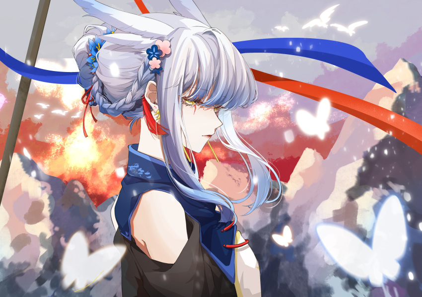 1girl absurdres alternate_hairstyle braid braided_bun bug butterfly china_dress chinese_clothes detached_sleeves dress ganshijiu grey_hair hair_bun highres jewelry looking_at_viewer mimizuku_(sky:_children_of_the_light) pointy_hair ponytail profile shorts sidelocks sky:_children_of_the_light solo upper_body white_hair yellow_eyes